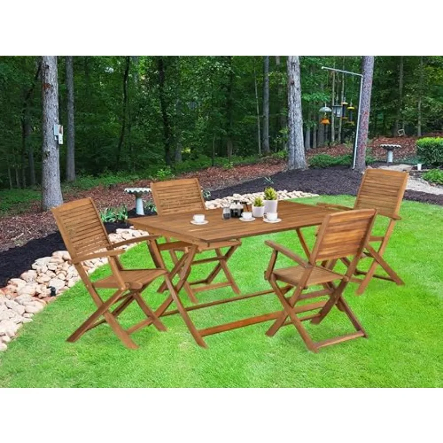 Patio dining set: acacia wood table and folding chairs, natural oil finish, weather-resistant for outdoor use