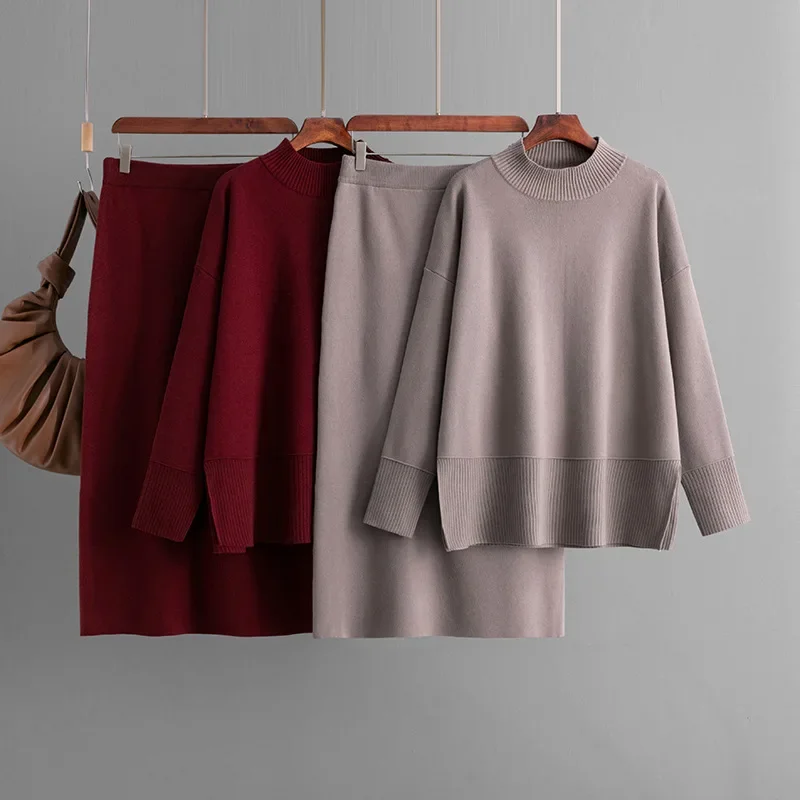 Solid Color Turtleneck Sweater Split Half Hip Skirt Two-piece Autumn and Winter New Elegant Knitted Skirts Suit Women Outfits