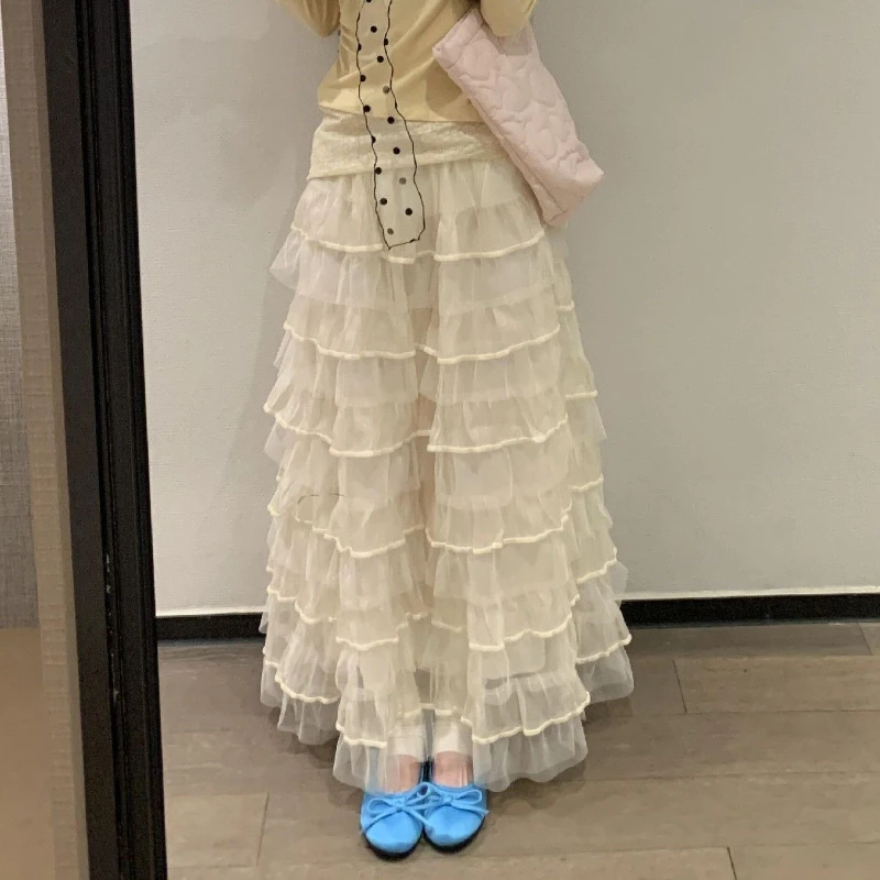 

Deeptown Fairycore Sweet Cake Skirts Women Kawaii Korean Style Ruffle Long Skirt Elegant Cutecore High Waist Mesh Layered Skirt