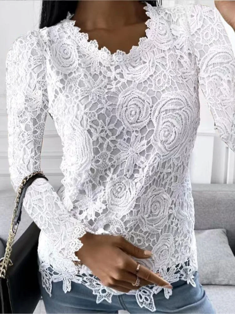 

Lace Solid T-shirt For Women Casual Fashion Long Sleeve O-neck Chic Tshirt Tops Female Autumn Elegant Office Lady Work T-Shirts