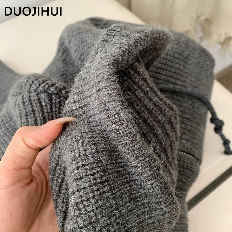DUOJIHUI Chic Zipper Hooded Drawstring Sweater Women Pullover New Hollow Out Pure Color Fashion Simple 4-colors Female Pullover