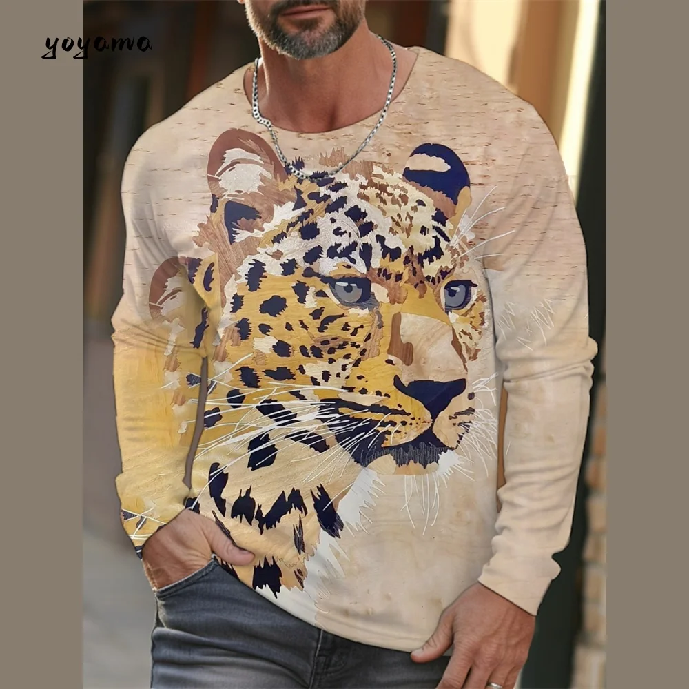 

Men's Long-Sleeved T-Shirt 3D Printing HD Leopard Print Men's Long-Sleeved T-Shirt Autumn Tops Casual Round Neck Men's Clothing