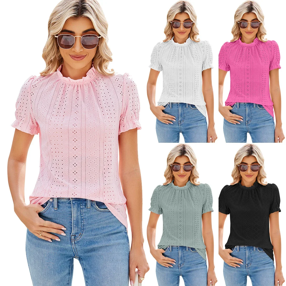 Spring Summer New Fashion Lace Collar Women Top Bubble Sleeves Loose Folded Female T-shirt