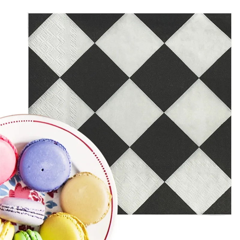 20Pcs/pack Retro Black White Checkered Table Dinner Disposable Napkins Paper Festival Decoration Supplies