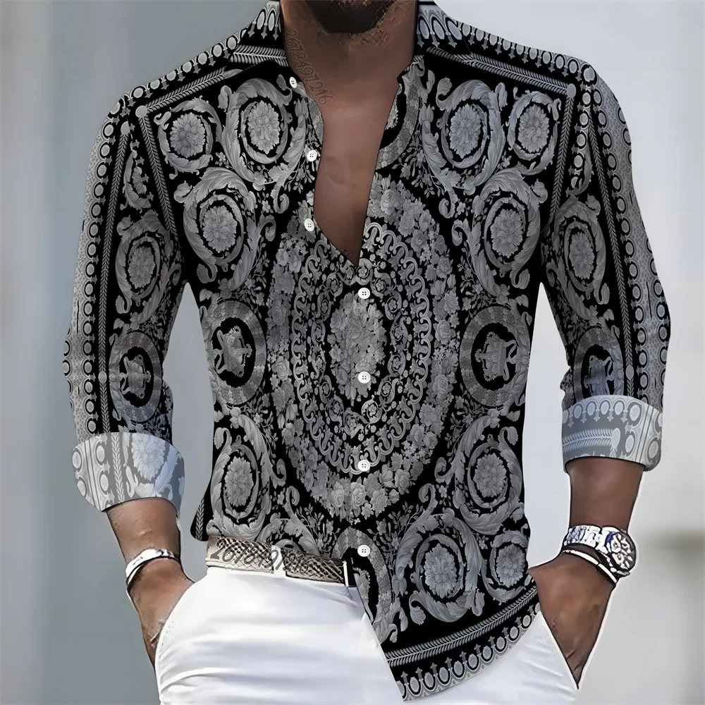 2026 Spring/Autumn New European and American Style Men's Long-Sleeved Shirt, Baroque Court Style Print Retro Lapel Casual Shirt