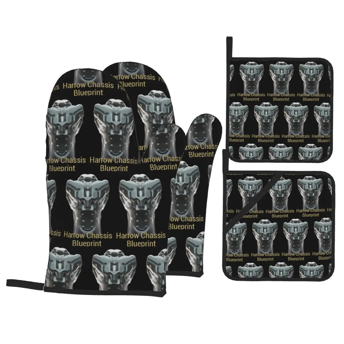 Harrow Chassis Blueprint Warframe Tennoc Oven Mitts and Pot Holder Sets of 4 for Baking Cooking BBQ Resistant Non-Slip Gloves
