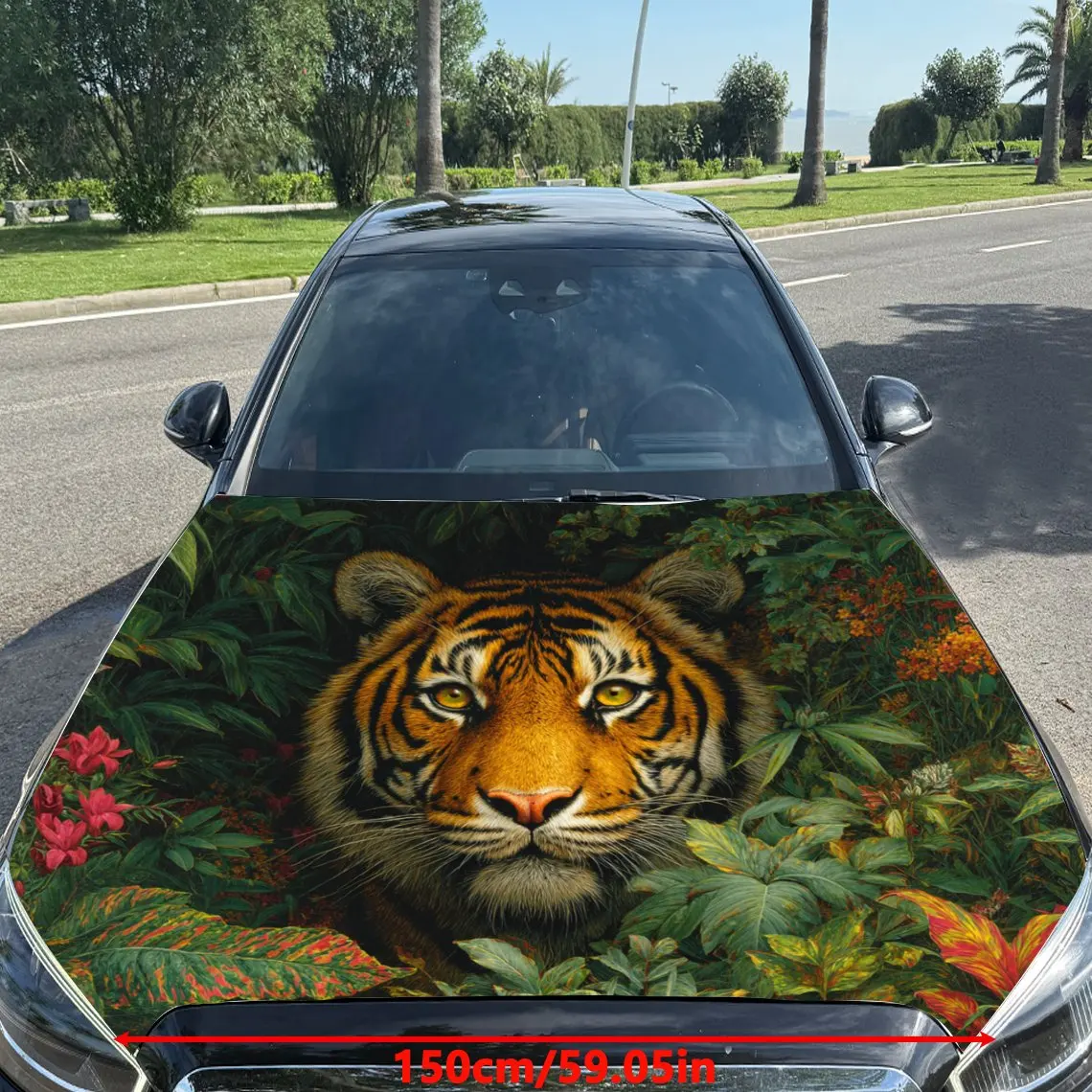 Car Decals Tiger with a Rich, Tropical Forest - Themed Background Car Hood Sticker, Waterproof Self - Adhesive Vinyl Graphics De