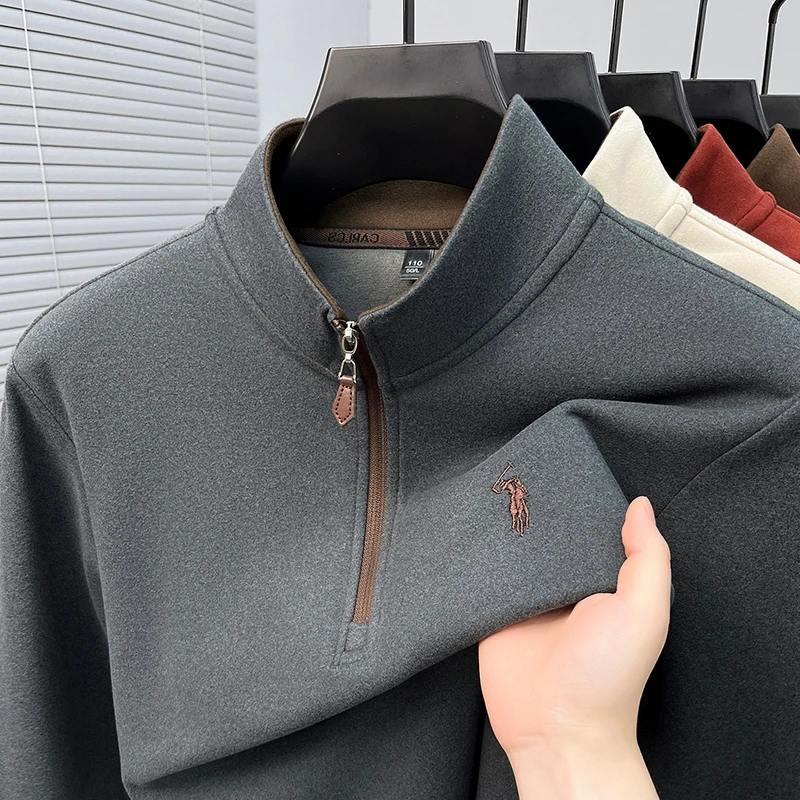 Men's Stand Up Collar Zipper Long Sleeved Semi High Neck T-shirt for Autumn and Winter, Casual Solid Color Thick Hoodie