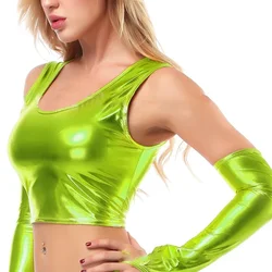 1pc Sexy Women's Shiny Wetlook Faux Leather Tank Crop Top Vest Dance Club Party Lingerie Tanks Vests Woman (no gloves)