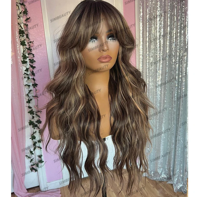 

HIghlight Bayalage Blonde Human Hair 180Density Full Lace Wigs Natural Hairline With Bangs Pre Plucked Fringe Long Wavy 360 Wigs