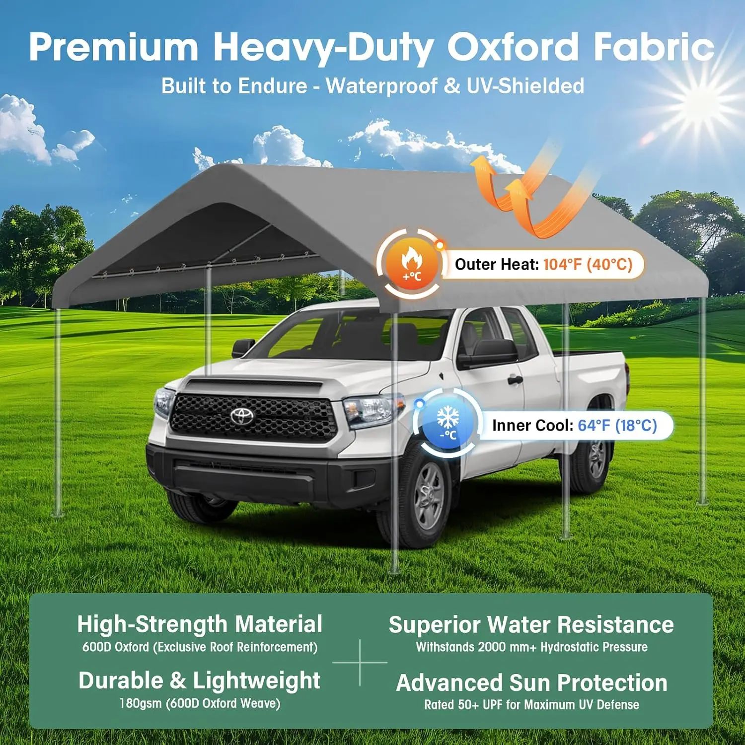 10x20FT Canopy Replacement Cover, Carport Canopy Top Only, Gray | 800D Heavy Duty Oxford with PU Coating, Waterproof & UV Protected Tarp, Car Garage Shelter with Ball Bungees