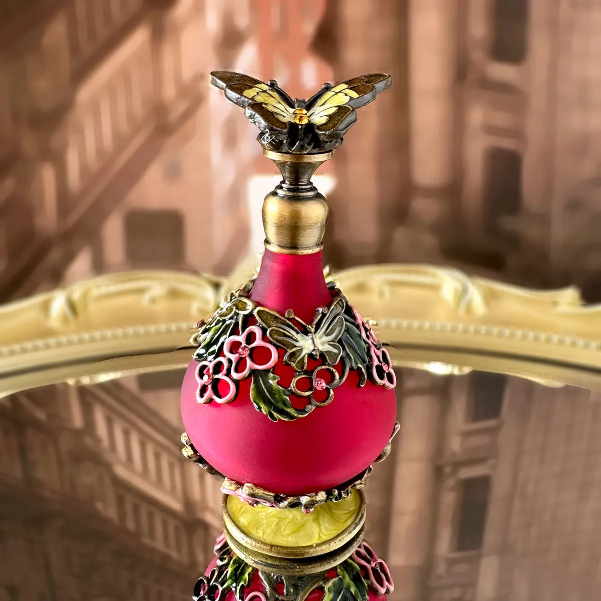 Vintage Red Perfume Bottle Butterfly Flower Decor Refillable Travel Antique Metal Empty Glass Dropper Women Girl Gift