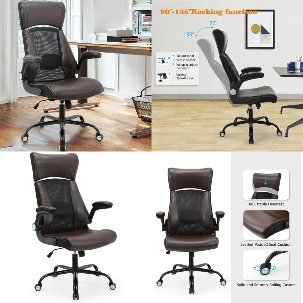 

Ergonomic High-Back Leather Office Chair with Adjustable Headrest and Flip-Up Armrests