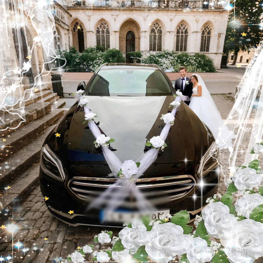 

Wedding Car Decoration Set with White Rose Ribbon and Suction Cups Waterproof Artificial Flowers for Party Use