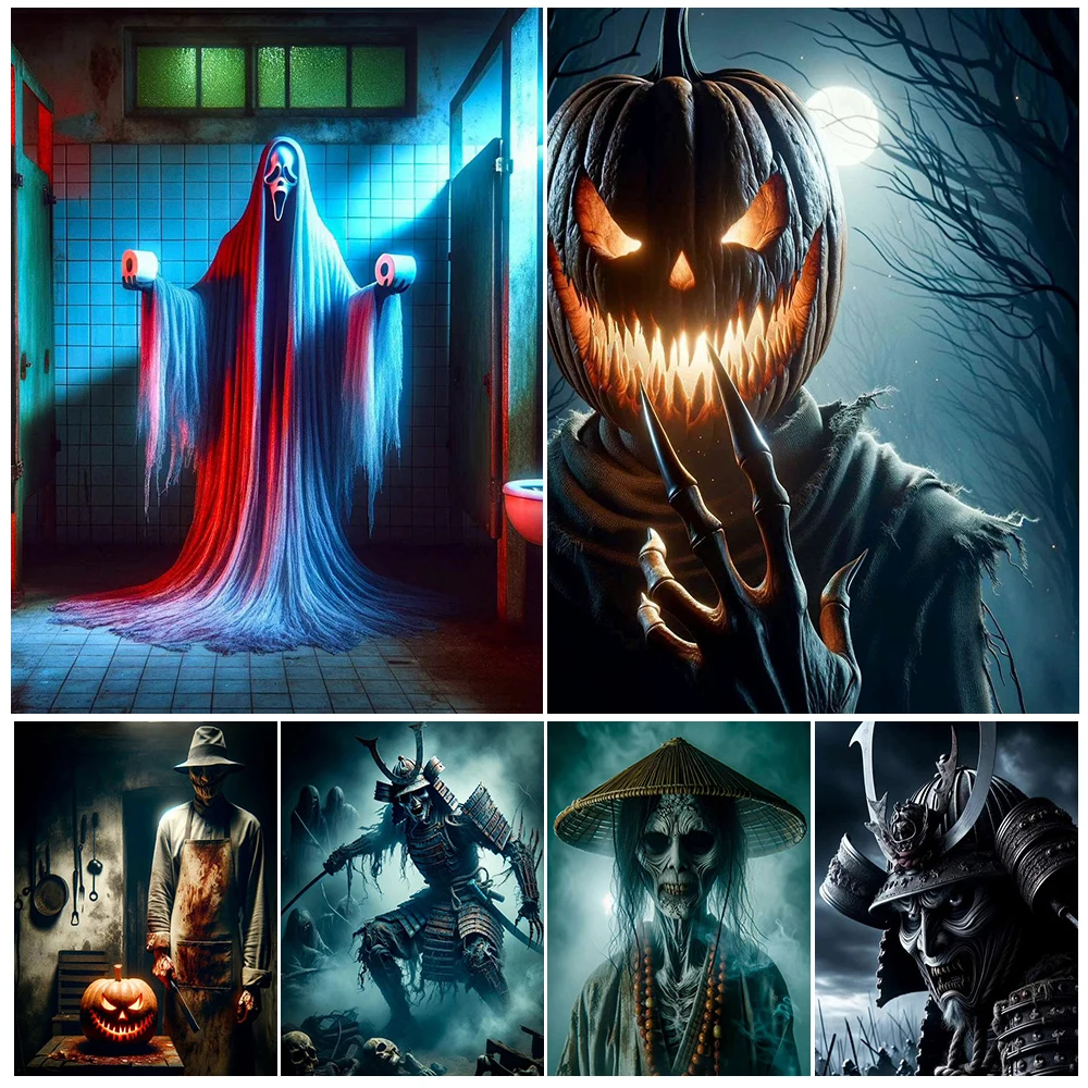 

Zombie Warriors And Monks Horror Vintage Wall Art Canvas Painting Pumpkin Evil And Toilet Ghost Art Poster Print Home Decoration