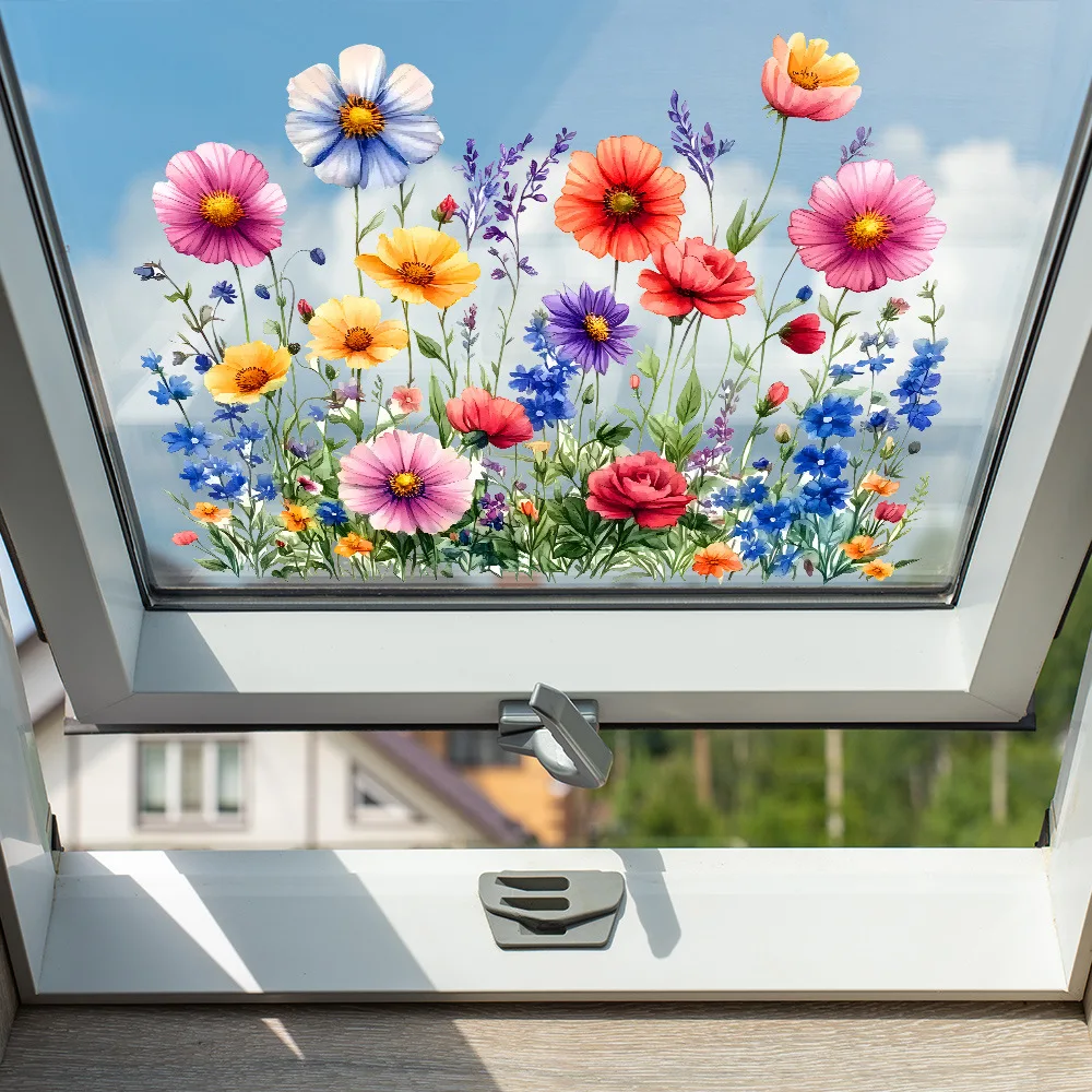 Bunte Blumen-Balkon-Glasaufkleber, geeignet für Schlafzimmer- und Wohnzimmer-Glasdekorationsaufkleber, selbstklebend, abnehmbar