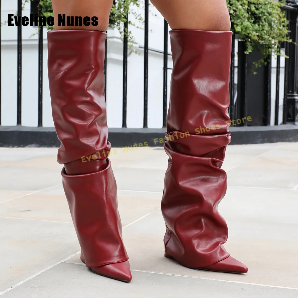 

Бордовые плиссированные сексуальные сапоги на шпильке с острым носком, однотонные, без застежки, в стиле «Spicy Girl», высокие до колена, для уличного стиля и вечеринок, модная обувь