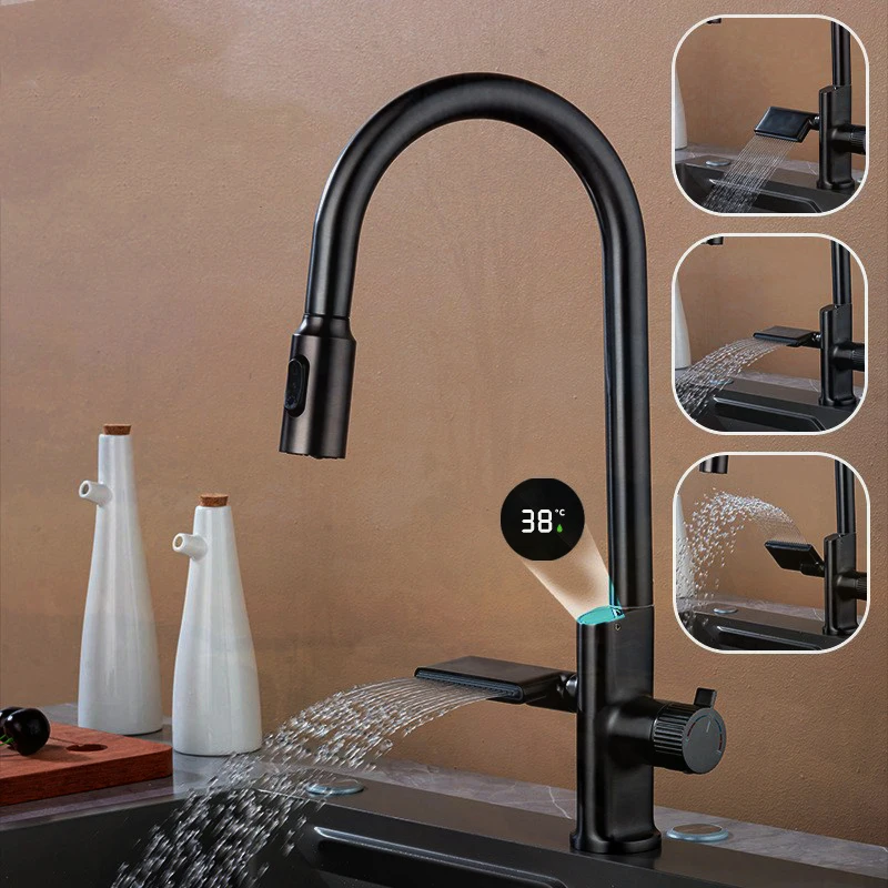 Imagem -02 - Digital Display Kitchen Faucet com Temperature Sensor Pull Out Stream Sprayer Hot e Cold Water Sink Mixer Tap para Kitchen