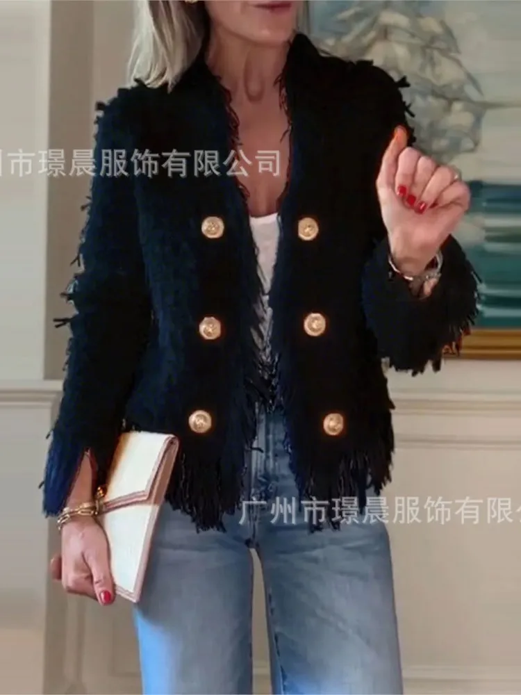 المرأة عادية شرابة معدنية زر قصير معاطف السترة 2025 الخريف الشتاء الصلبة الخامس الرقبة طويلة الأكمام أفخم الخارجي سترة معطف