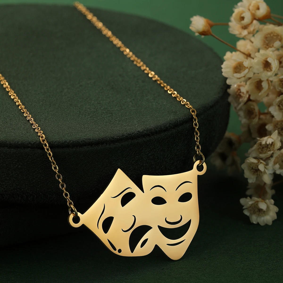 Kinitial Comedy And Tragedy Mask Necklace Women Men Stainless Steel Drama Performing Arts Pendant Necklace