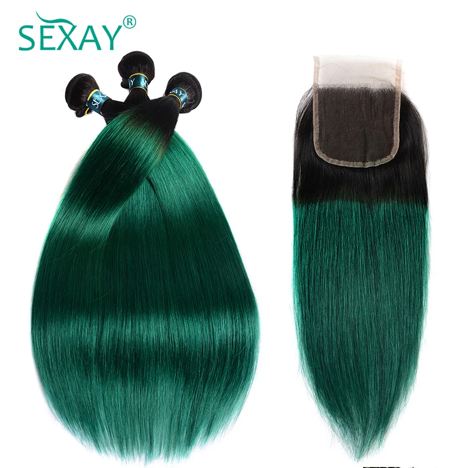 Sexay Turquoise Straight ปิด Ombre สีเขียวบราซิลทอผม4X4 Lace Closure ส่วน