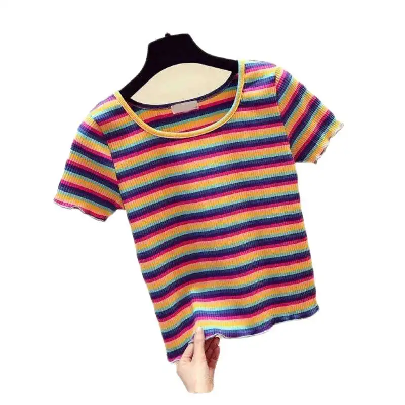 

Женская футболка в радужную полоску, летний сезон, ort Sve, хлопковый круглый топ Ne, модная женская футболка с кружевными деталями