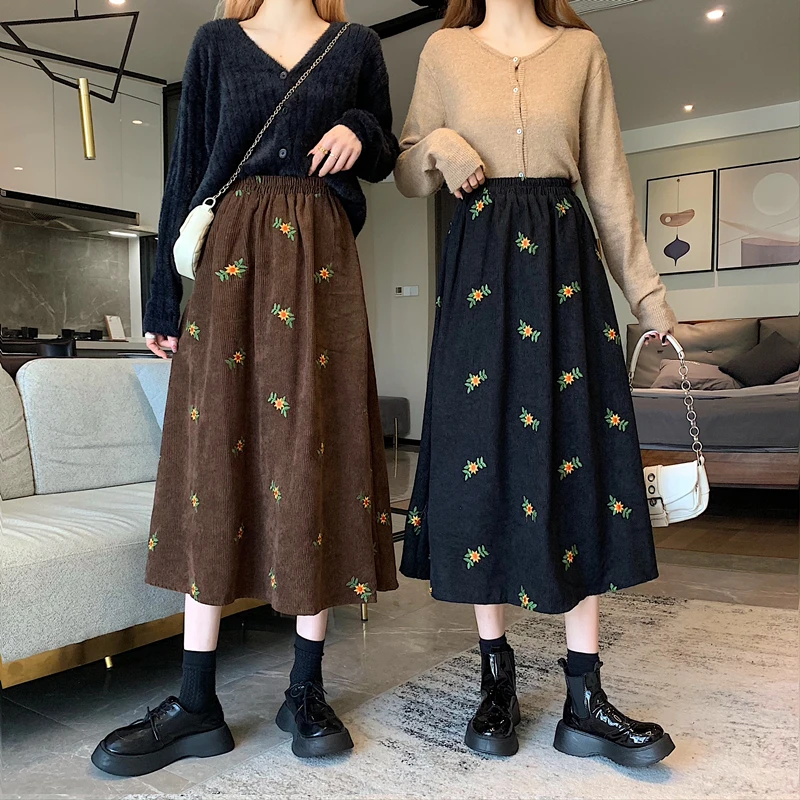 EHQAXIN 2024 Autumn Winter New Womens Half Skirt Fashion Korean Corduroy Embroidery Loose Casual Mid Length Half Skirts One Size