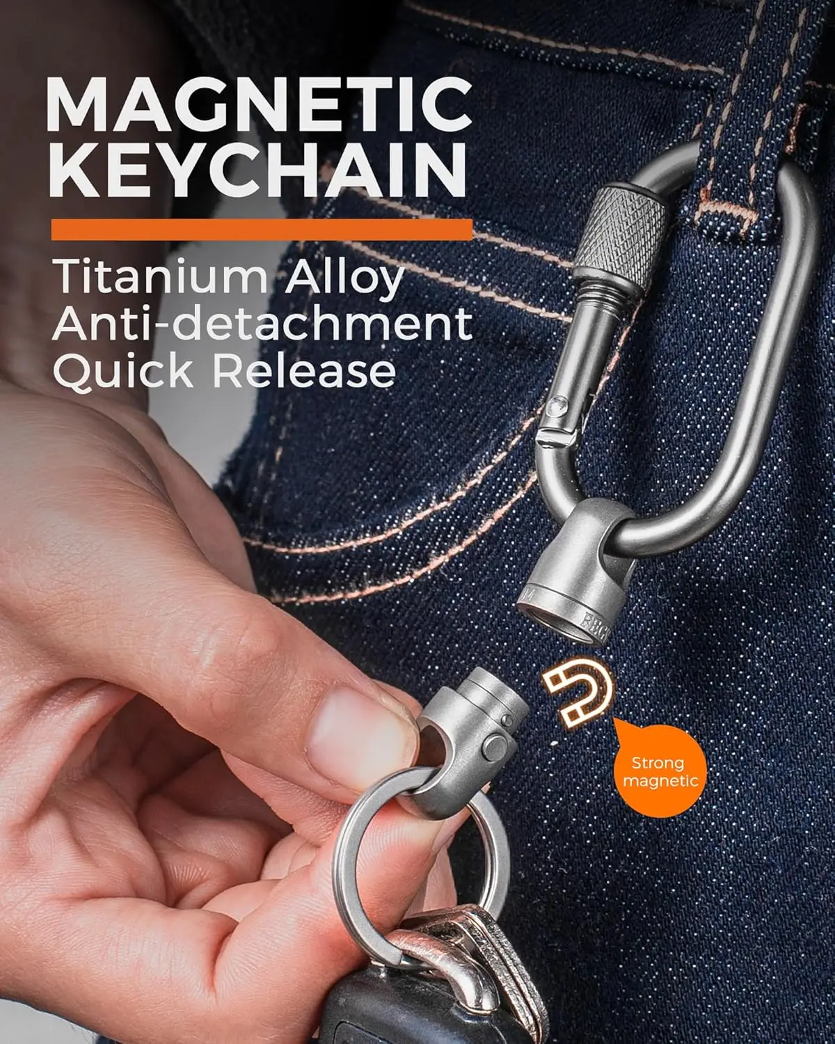 FEGVE Titanium Quick Release Magnetic Keychain with Carabiner Clip and Key Ring for Ourdoor Camping -Security Lock Design