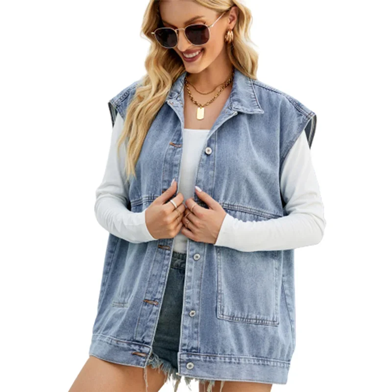 Fashion Lapel Hooded Sleeveless Pocket Denim Vest Women's Single-breasted Cardigan Waistcoat Streetwear Female Casual Outerwear