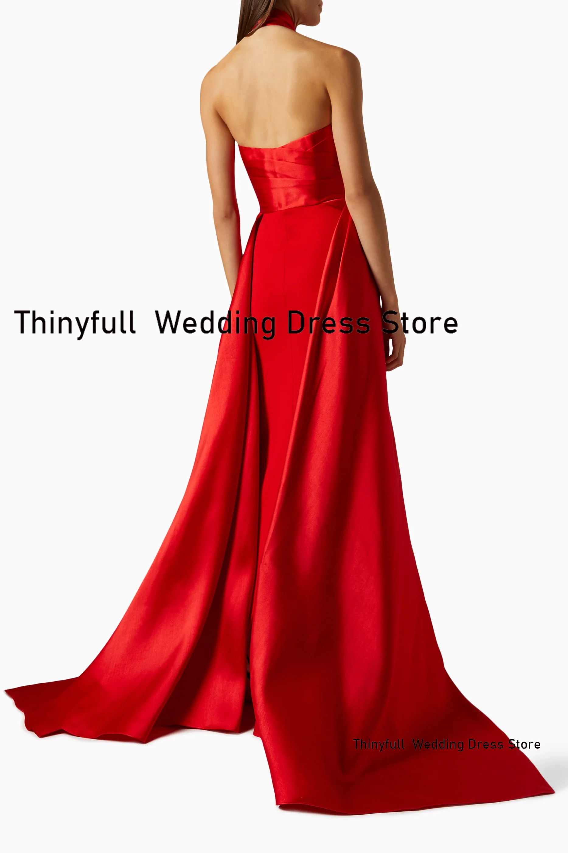 Thinyfull Red Satin Mermaid Prom Dresses Halter Sleeveless Evening Party Gown Outfit Dubai 2024 Formal Occasion Dress