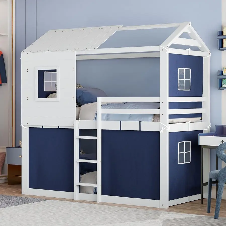 

Twin Size Floor Bunk Bed with Tent and Roof for Kids Girls Boys, Wood House Bunk Bed Twin Over Twin with