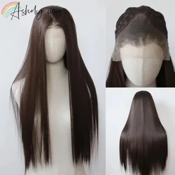 13*4 Dark Brown Synthetic Lace Front Wigs Chocolate Brown Long Straight Lace Front Wig for Women Pre Plucked Natural Hairline