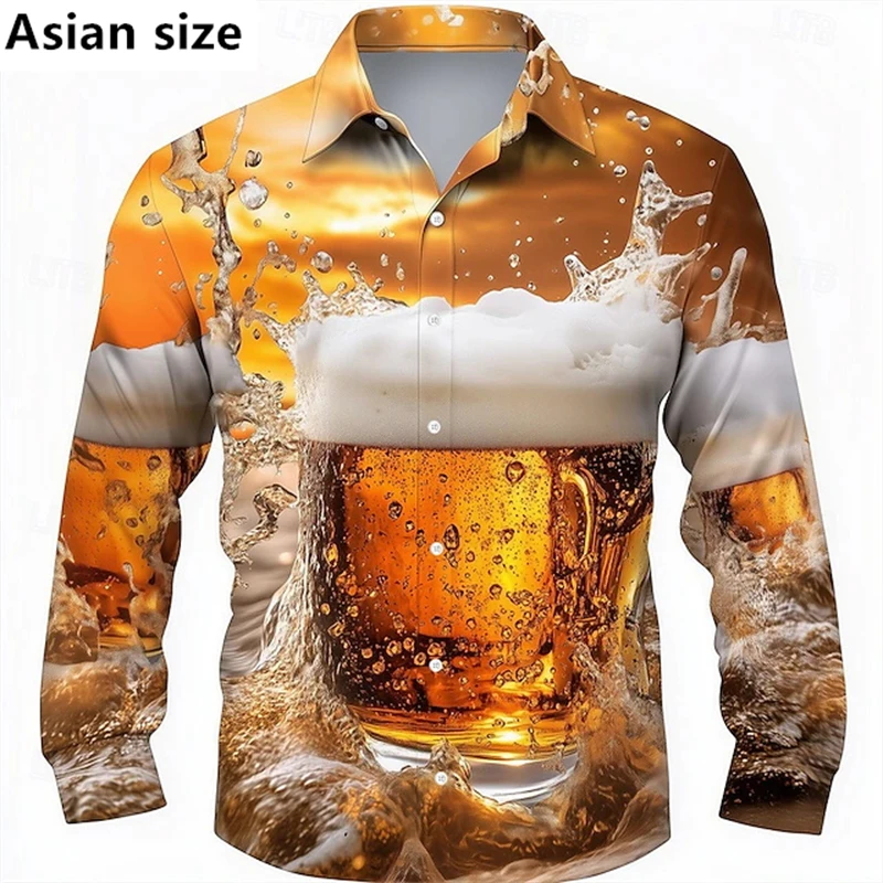 

2025 New Beer Graphic Men's Long Sleeve Shirt 3D Print Funny Pattern Casual Button Lapel Shirt Fashionable Outdoor Party Shirt