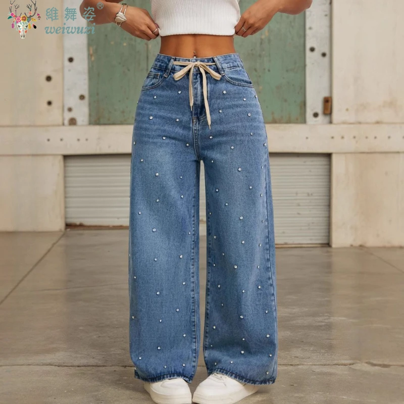 Elegant Diamond Beading Women's Jeans Autumn Y2k Denim High Waist Pants Causal Wide Leg Cowboy Trousers Outdoor Chic Streetwear
