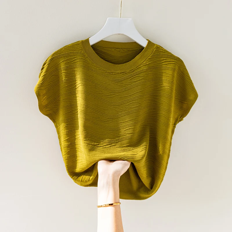 Cseta Hoada de Manga Corta de Seda Helada para Mujer, Estilo Nuevo de Verano, Cuello Redondo, Estilo Murciélago, Efecto ...