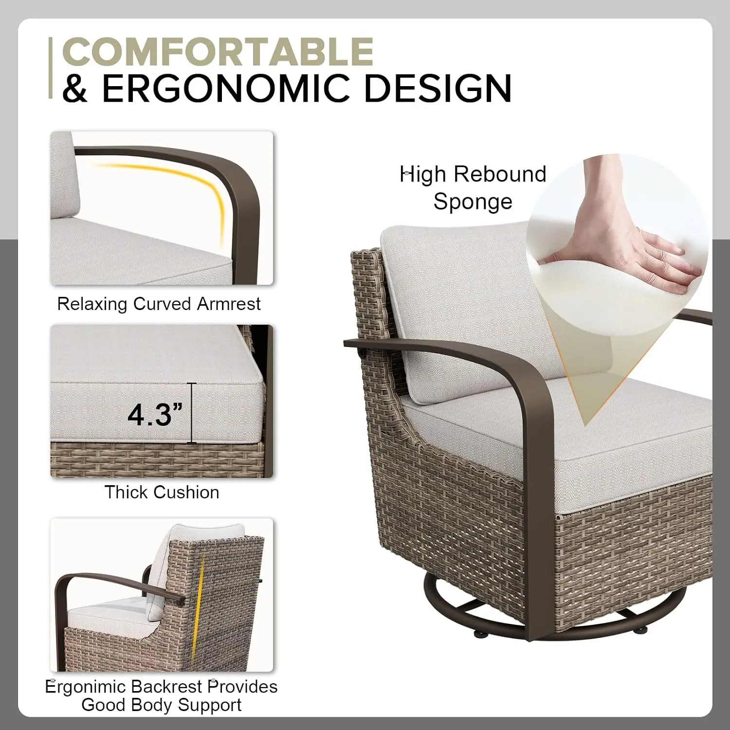3 Piece Patio Bistro Set Swivel Rocking Chairs & Side Table All Weather Wicker for Balcony Porch Garden, Customized