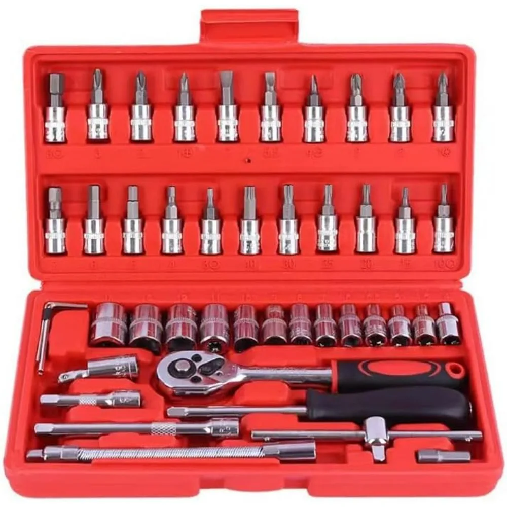 

Motorcycle Tools 46-Piece 1/4" Socket Set​​ Chrome Vanadium Steel, Metric Bits & Extensions for Motorcycle/Auto Repair