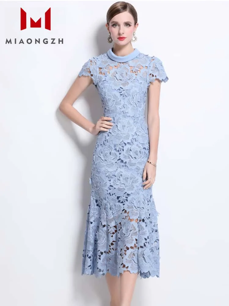 

2025 Summer New Fashion Hollow Out Dresses Women's Round Neck Short Sleeve Temperament High Waist Vintage Elegant Party Dresses