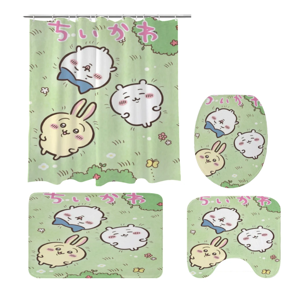 

Наборы занавесок для душа Kawaii Cute Chiikawa из 4 предметов, водонепроницаемые наборы для ванной комнаты с нескользящими ковриками, крышкой для унитаза и ковриком для ванной