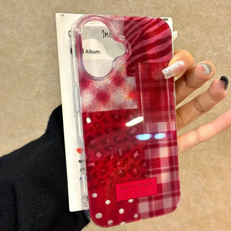 Cherry Red Leopard Print Stitching Clear Phone Case For iPhone 11 12 13 14 15 16 Pro Max XS XR X 7 8 Plus Silicone Soft Cover