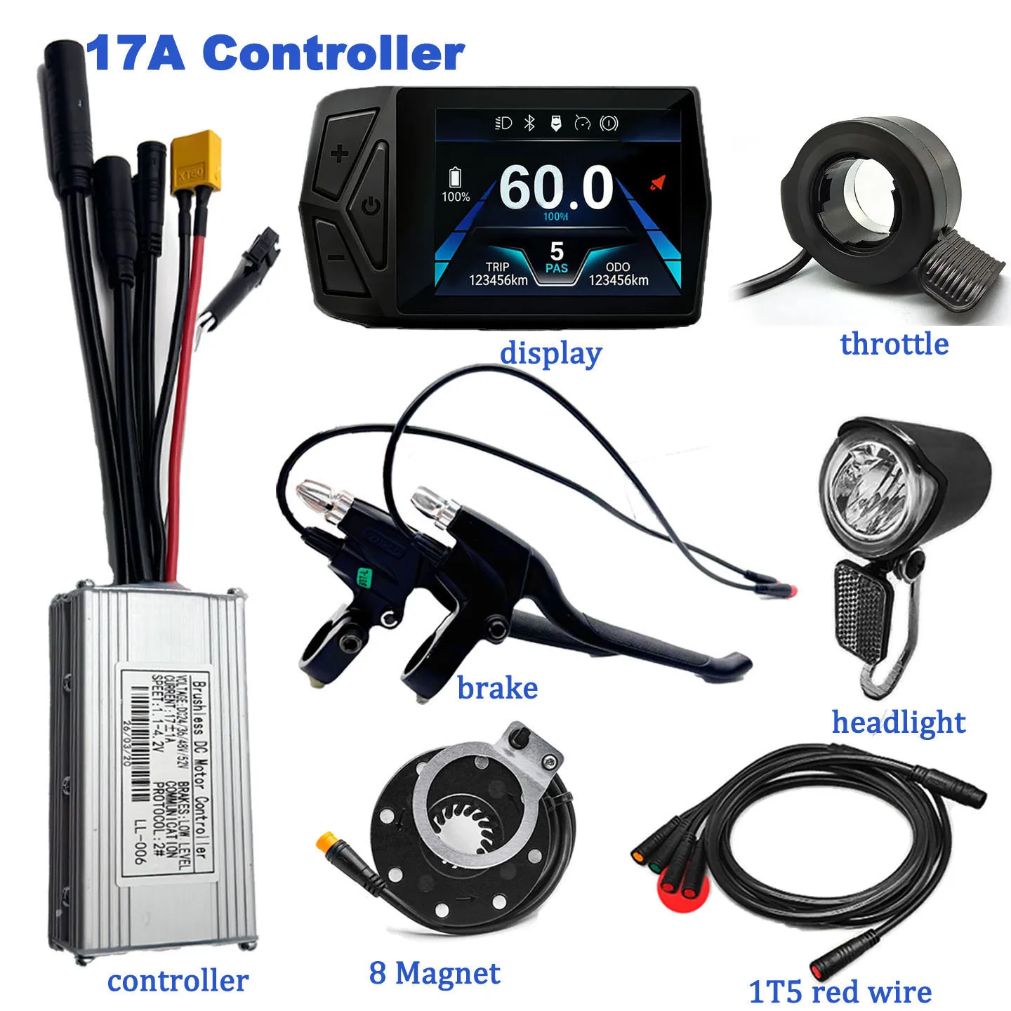 E-Bike Sinuswellen-wasserdichter bürstenloser Gleichstrommotor-Controller und T24 LCD-Display PAS-Brems- und Gashebel-Scheinwerfer-Kombination 24V-72V