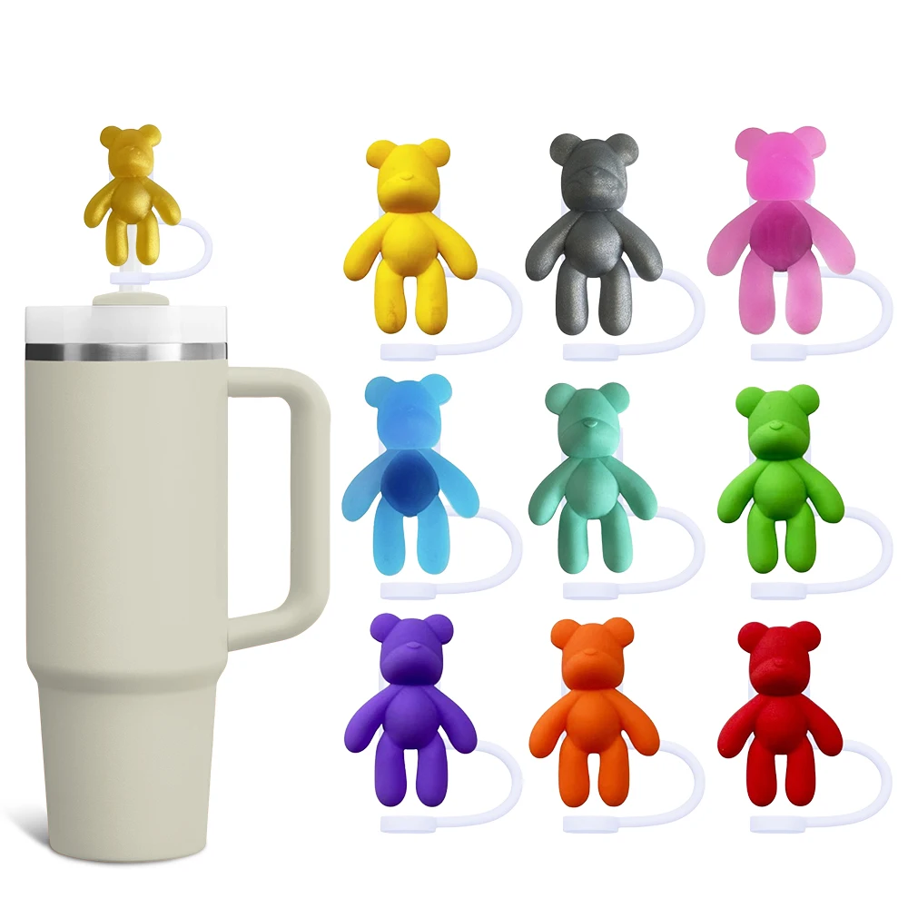 Hot Toys Bear Straw Cover Cap 8-10MM Silicone Eco-friendly Straw Plug Splash Proof Drinking Cup Charms Pendent Home Party Gift