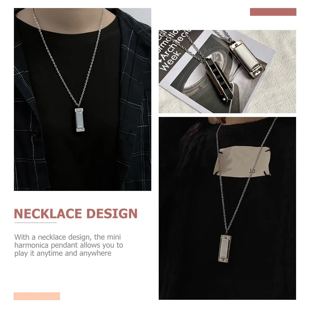 

2 Pcs Harmonica Necklace Mini Keychain Men Pendant Stainless Steel Music Silver Father