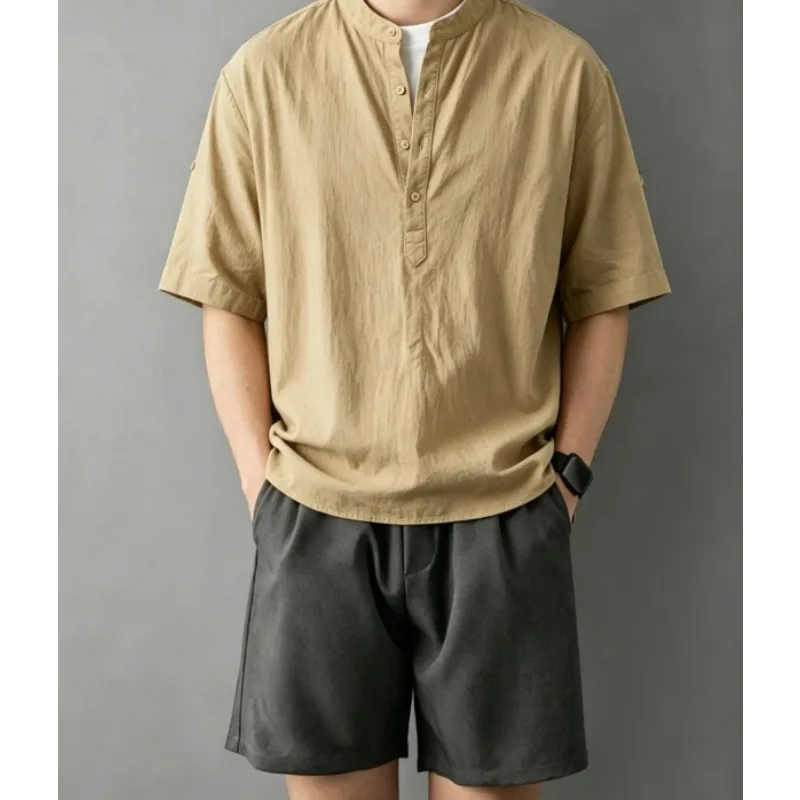 Sale Men Short-Sleeved Shirts Summer Solid Color Stand-Up Collar Casual Beach Style Plus SizeMale Shirts M-5XL