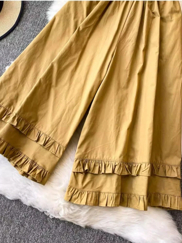 일본 빈티지 플레어 팬츠 모리걸 러플 코튼 와이드 레그 팬츠 여성 여름 신상 밴딩 허리 캐주얼 루즈 큐롯 팬츠