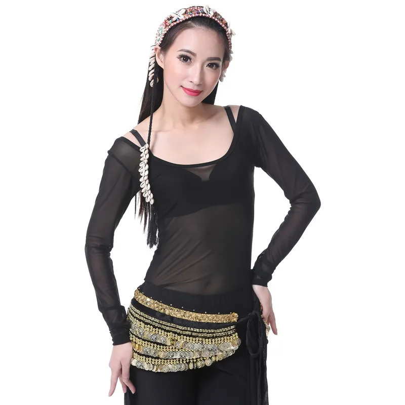 Customized Tribal Style Transparent Round Neck Long Sleeved Belly Dance Specific Transparent Base Top