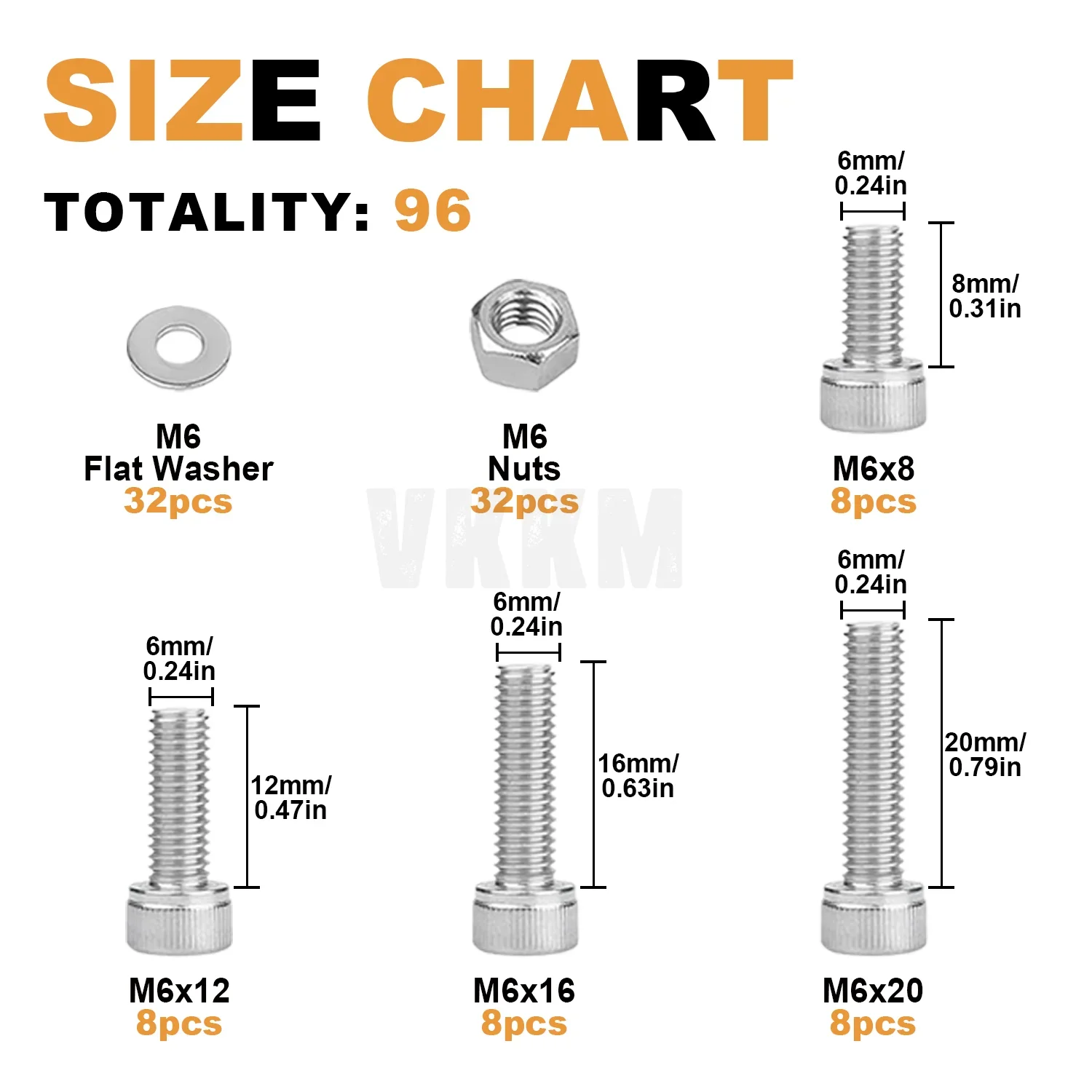 96PcsM6 Hexagonal Head Bolts and Nuts, M6 X8/12/16/20 Mm Stainless Steel Screw Set, Cup Head Screw with Hexagonal Wrench