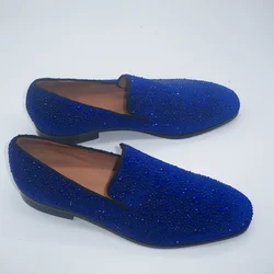 LOUBUTEN Royal Blue Full Rhinestone Loafers Luxury Party And Wedding Shoes Men Crystal Shoes Slip On Flats Dress Shoes