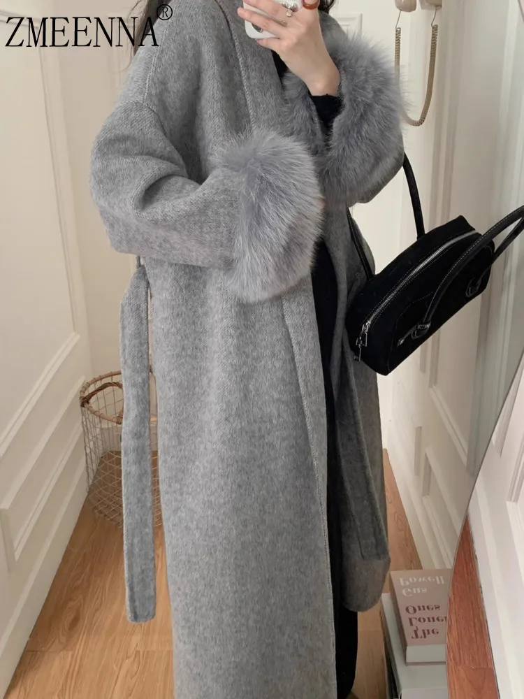

ZMEENNA Women's Grey Wool Blend Long Coat With Faux Fur Cuffs And Tie Waist Belt Elegant Winter Outerwear Casual ZM3508