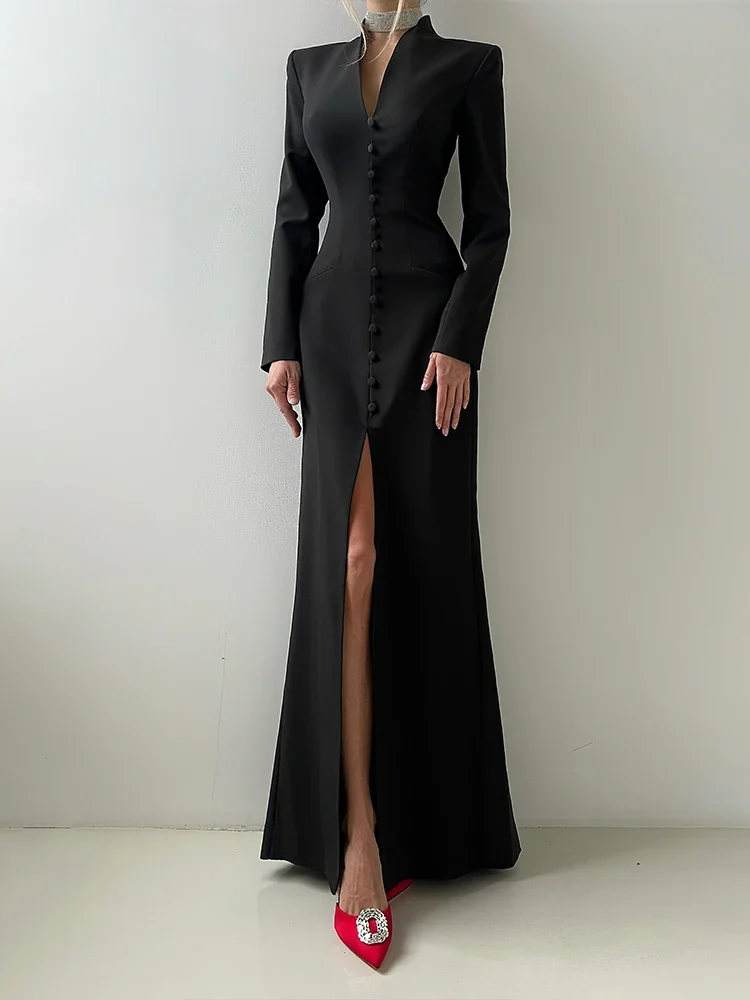 

Weird Puss Single-Button Maxi Dress Women Front Split Full Sleeve v-Neck Elegant Classic Office Streetwear Fashion Slim Vestidos